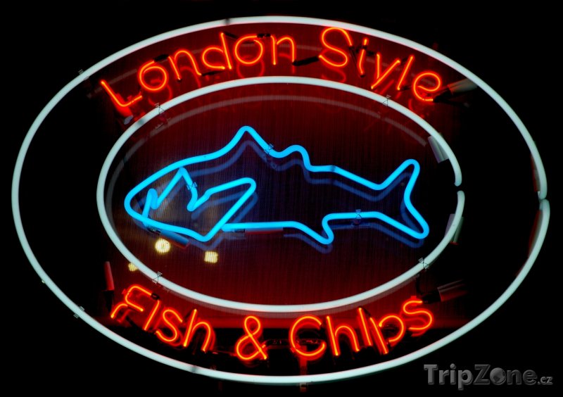 Fotka, Foto Neon lákající na Fish and Chips (Londýn, Velká Británie)