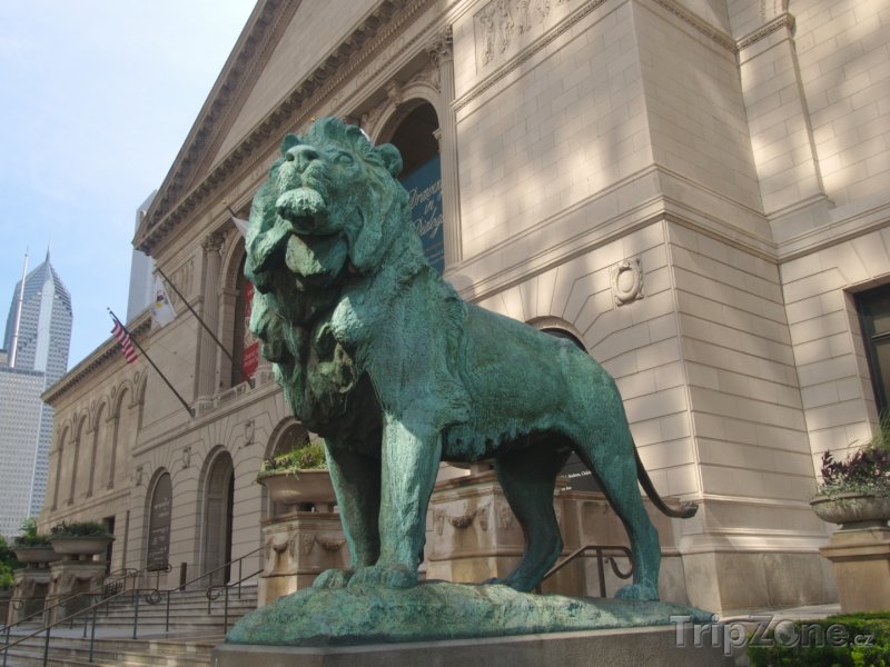 Fotka, Foto Socha lva u vchodu do muzea Art Institute of Chicago (Chicago, USA)