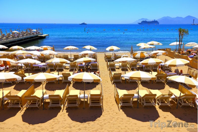 Fotka, Foto Cannes, lehátka a slunečníky na pláži (Francie)
